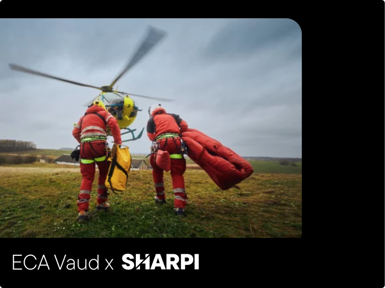 Header for the ECA Vaud x Sharpi case, showing emergency responders walking towards a helicopter Header for the ECA Vaud x Sharpi case, showing emergency responders walking towards a helicopter